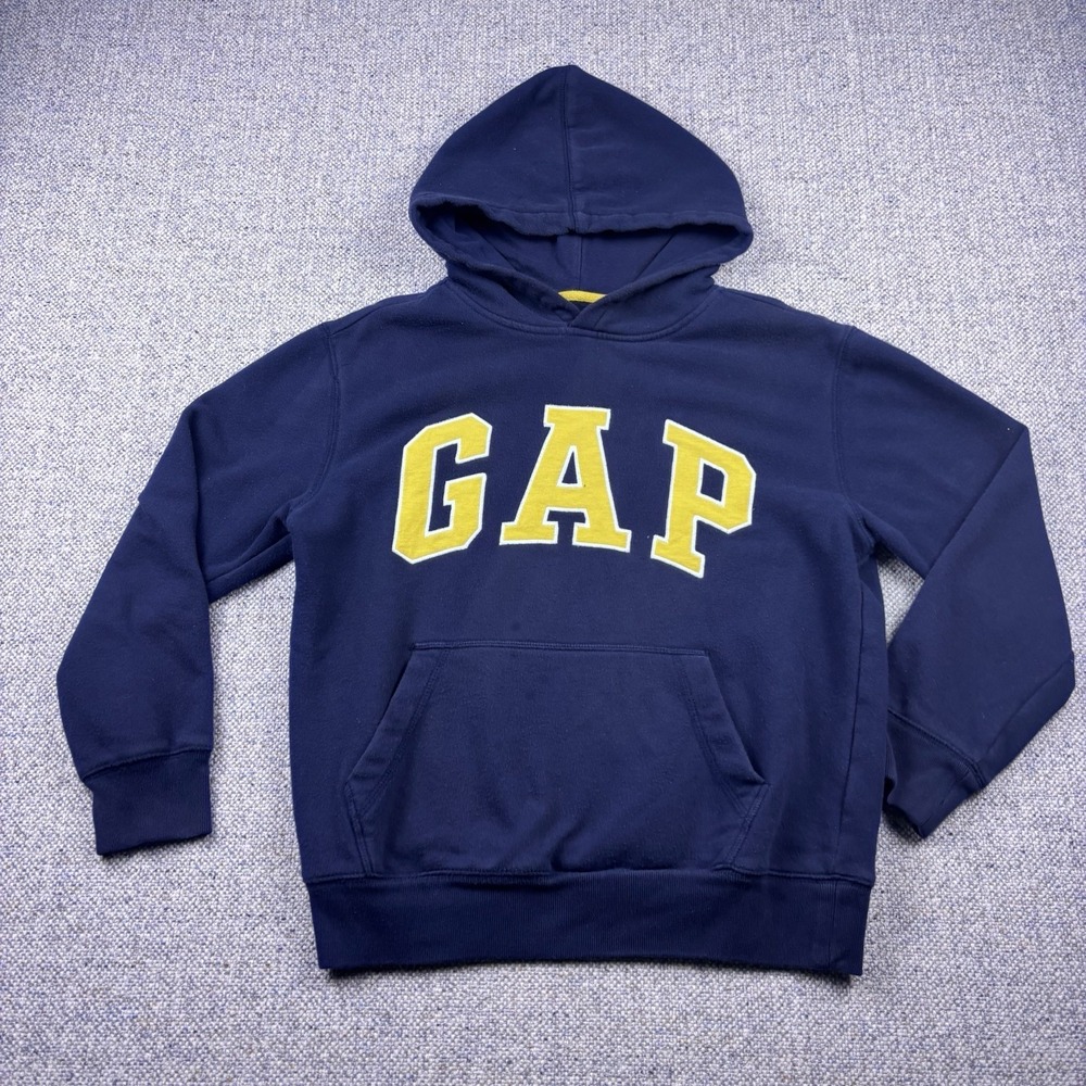 Gap Kids Fleece Hoodie Navy Blue Yellow Arch Spellout Logo Pullover Youth Sz XL